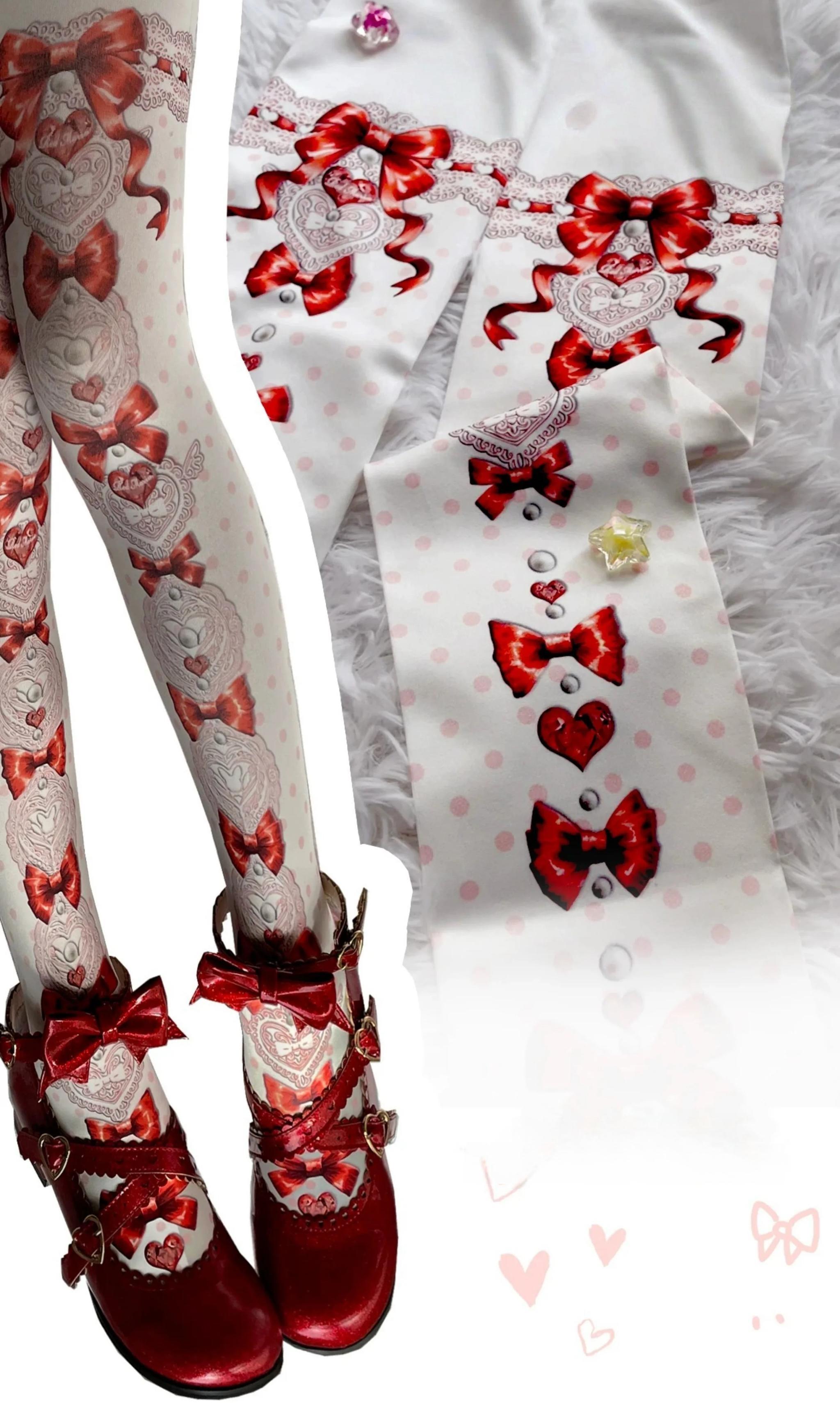 Sweet Lolita Polka Dot Printed Tights, Hearts and Bows Accent 45224:841294