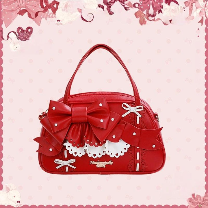 Mademoiselle Pearl~Bow Rabbit~Sweet Lolita Handbag With Bows & Pearls Red Free size