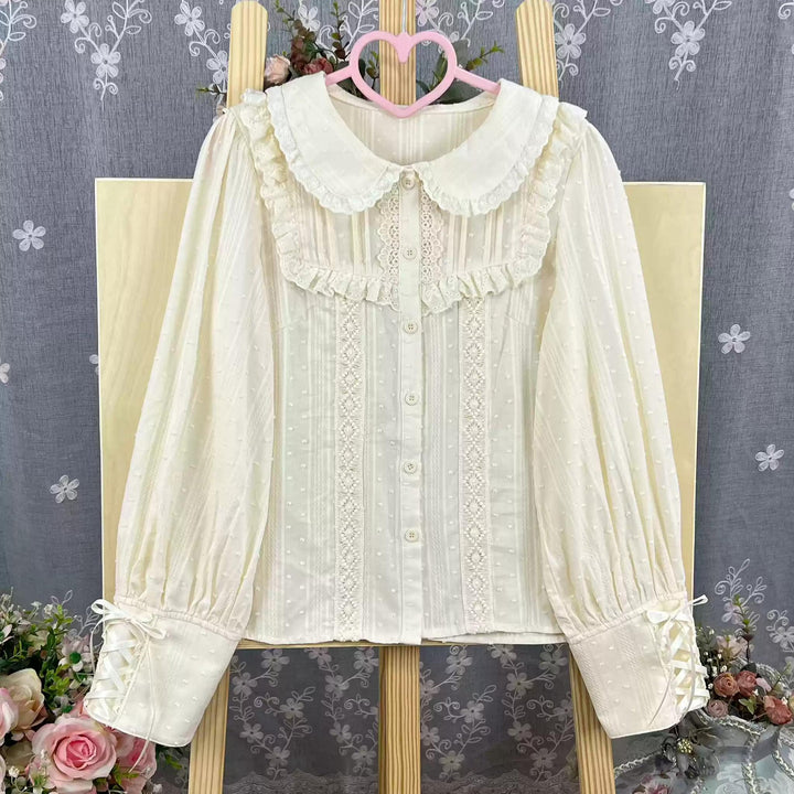 DMFS Lolita~Sweet Lolita Blouse Cotton Summer Short Sleeve Shirt S Apricot long sleeves - doll collar 