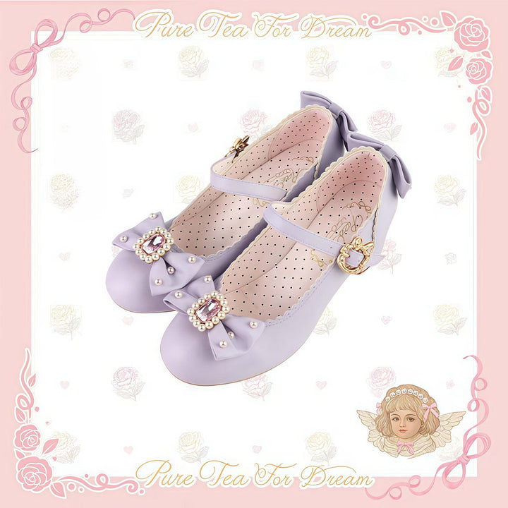 Pure Tea For Dream~Vintage Gemstone~Sweet Lolita Shoes Round Toe Heels with Bow Lavender purple 35