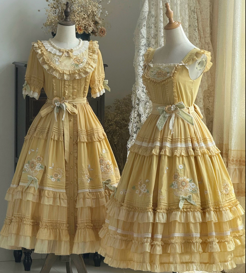 Moonlight Amber - Sunflower - Embroidered Country Lolita Dress, Tiered Skirt