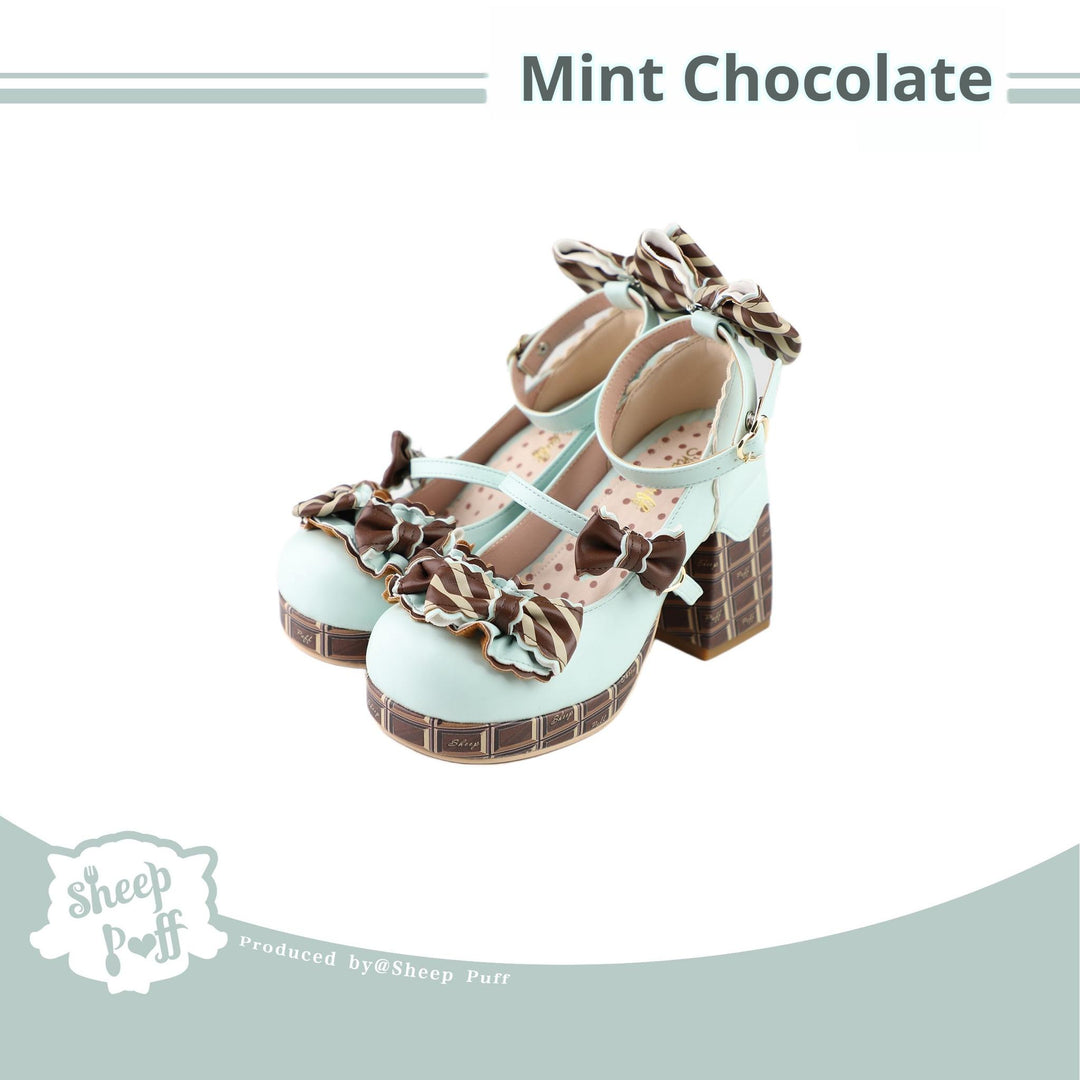 Sheep Puff~Layered Pastry~Sweet Lolita High Heel Shoes Chocolate Prints Shoes 35 Mint chocolate