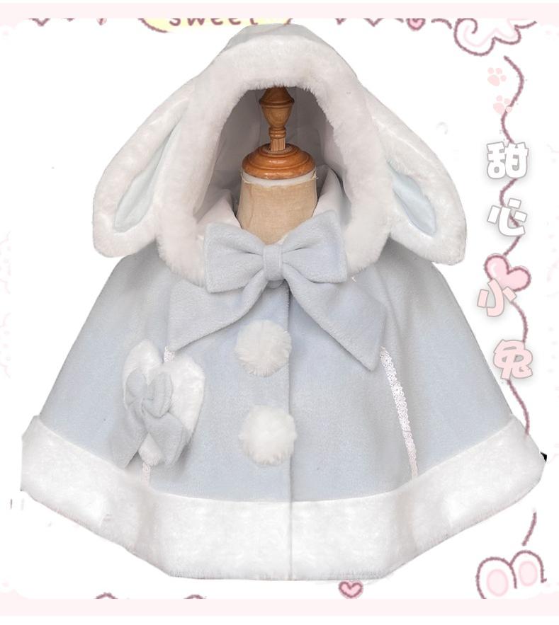 ZhiJinYuan~Kawaii Lolita Cape Winter Lolita Cat Rabbit Ear Coat Sweetheart Bunny Blue Cape Only Free Size