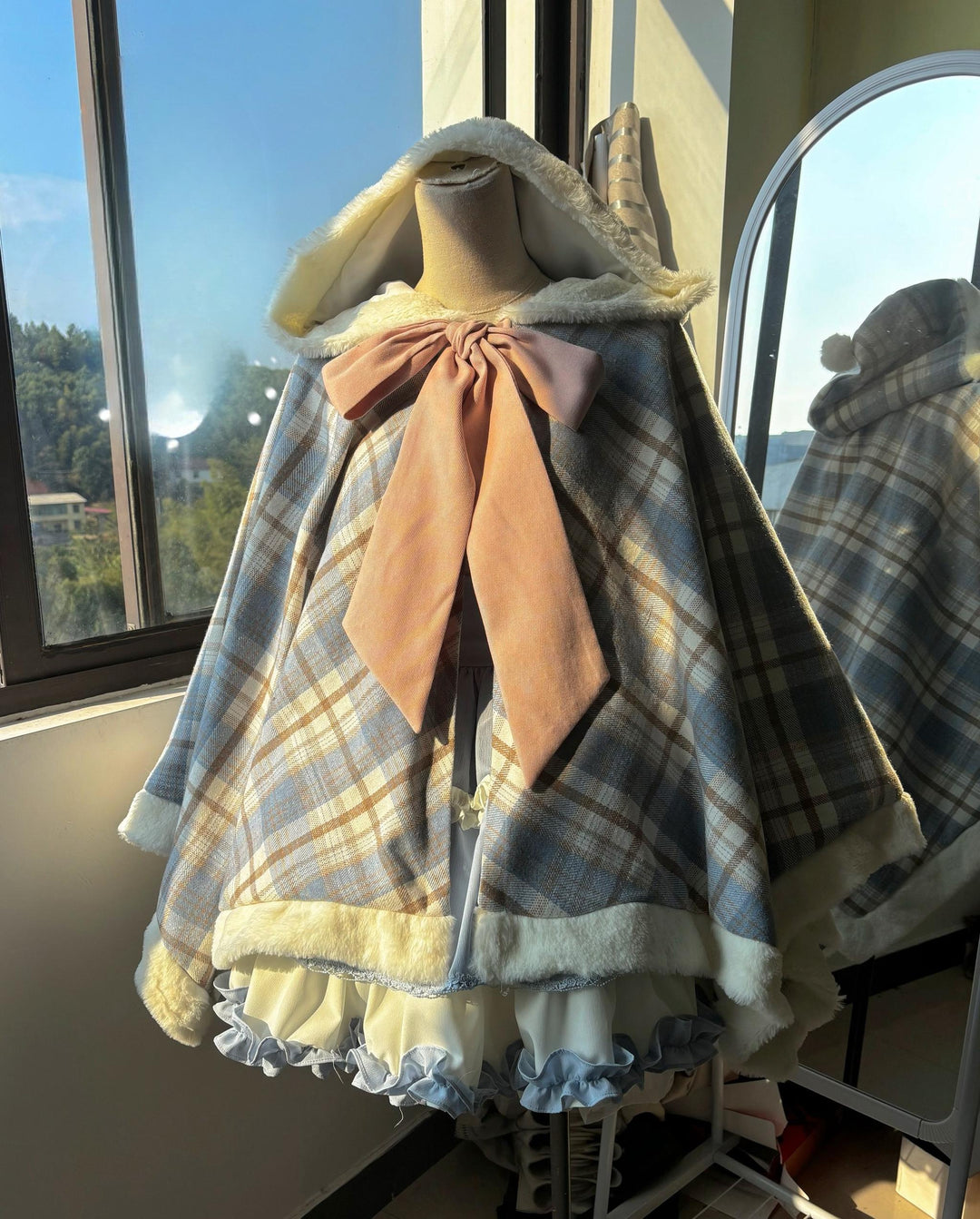 Qianmu~Waffle~Kawaii Lolita Cape Daily Lolita Plaid Hoodie Cloak Blue cape only