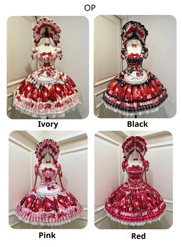 Mengfuzi~Strawberry~Sweet Lolita OP and JSK with Strawberry Print Pink S Mini Sleeves OP (comes with apron and bows)