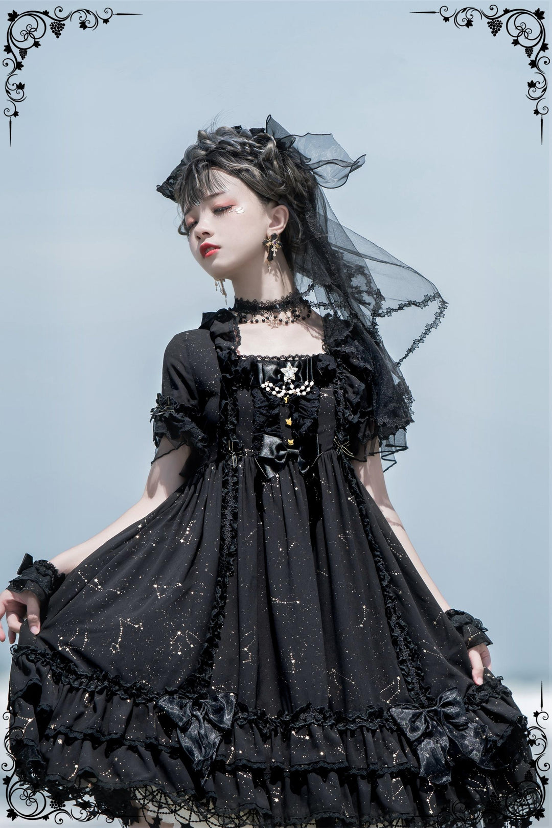 Sakuya Lolita~Whisper of Stars~Vintage Lolita OP Dress Constellation-themed Black Lolita Dress 4556:724452