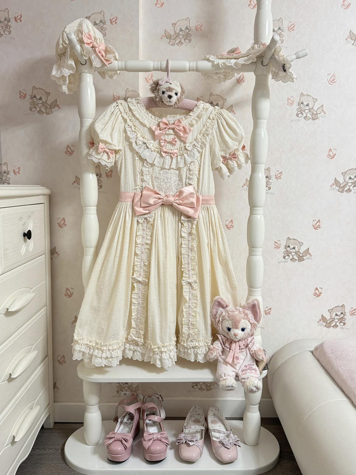 Seventeen Girls~Vintage Sweet Bear~Sweet Lolita OP Fullset Lolita Headdress OP with lace Free size pink-ivory