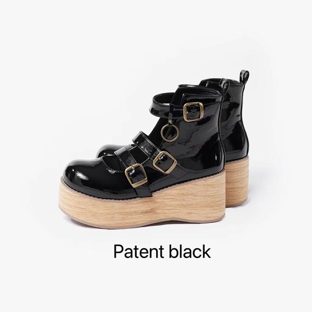 MODO~Retro Lolita Platform Shoes Round Toe Thick Sole 34 Patent black 