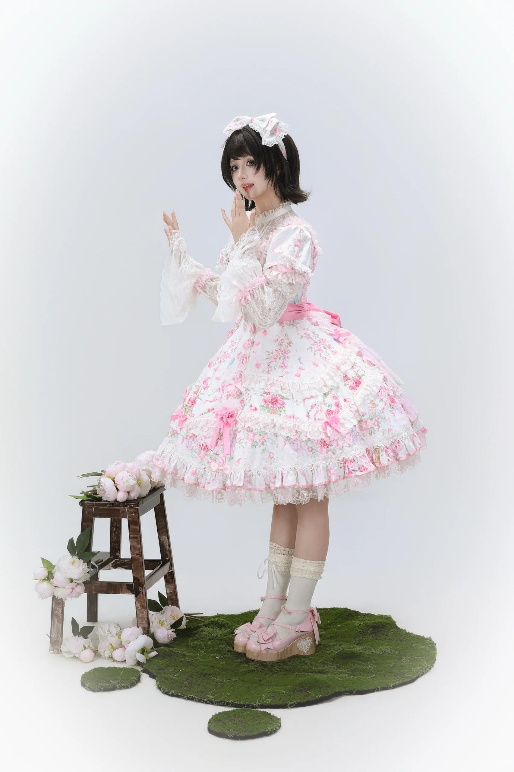 Eternal Vow - Old School Lolita Jacquard OP, Floral and Butterfly Print 45830:865737