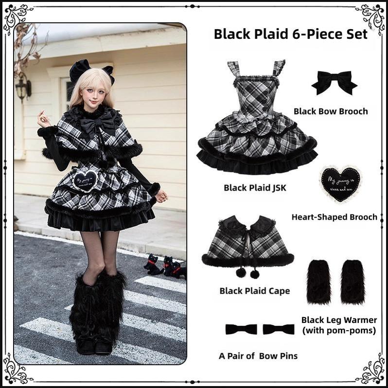 With PUJI - Snow Night Serenade - Fluffy Plaid Kawaii Lolita JSK, Reversible Cape (L M S) 44279:815017