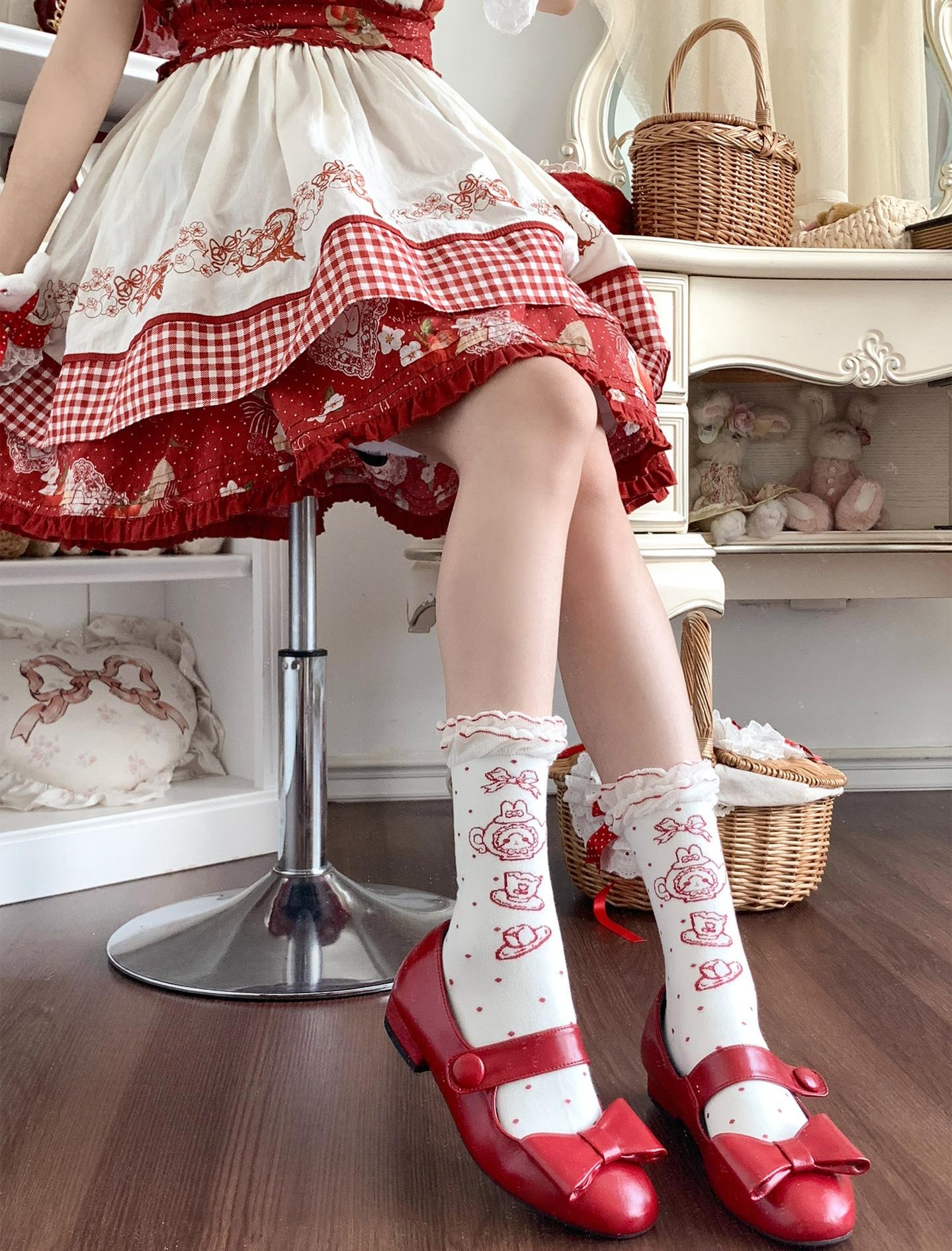 Cotton Sweet Lolita Socks, Tea Party Prints (Red) 45788:862459
