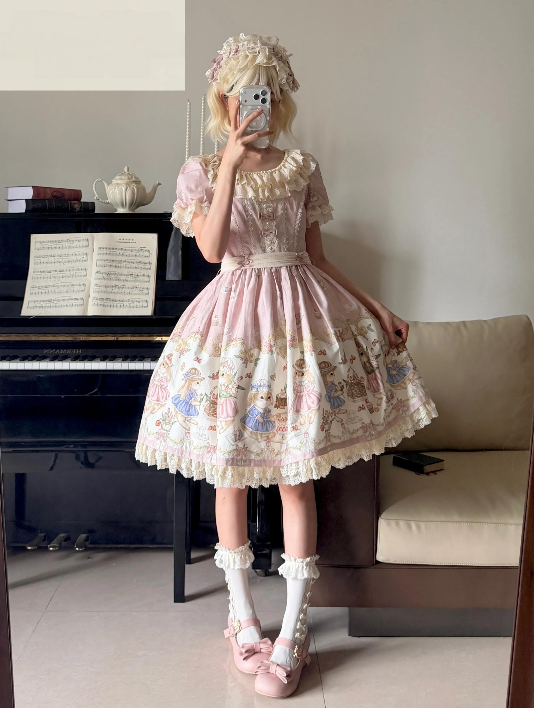 Picnic Bunny - Cotton Daily Doll-like Lolita OP Dress, Bunny Print 45670:858022