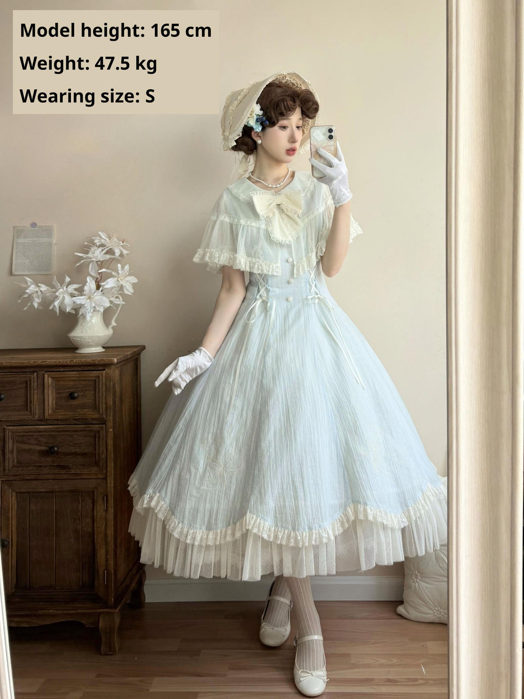 Kuma~Little Wind Chime~Elegant Lolita OP Water Blue Dress With Decorative Tulle Cape