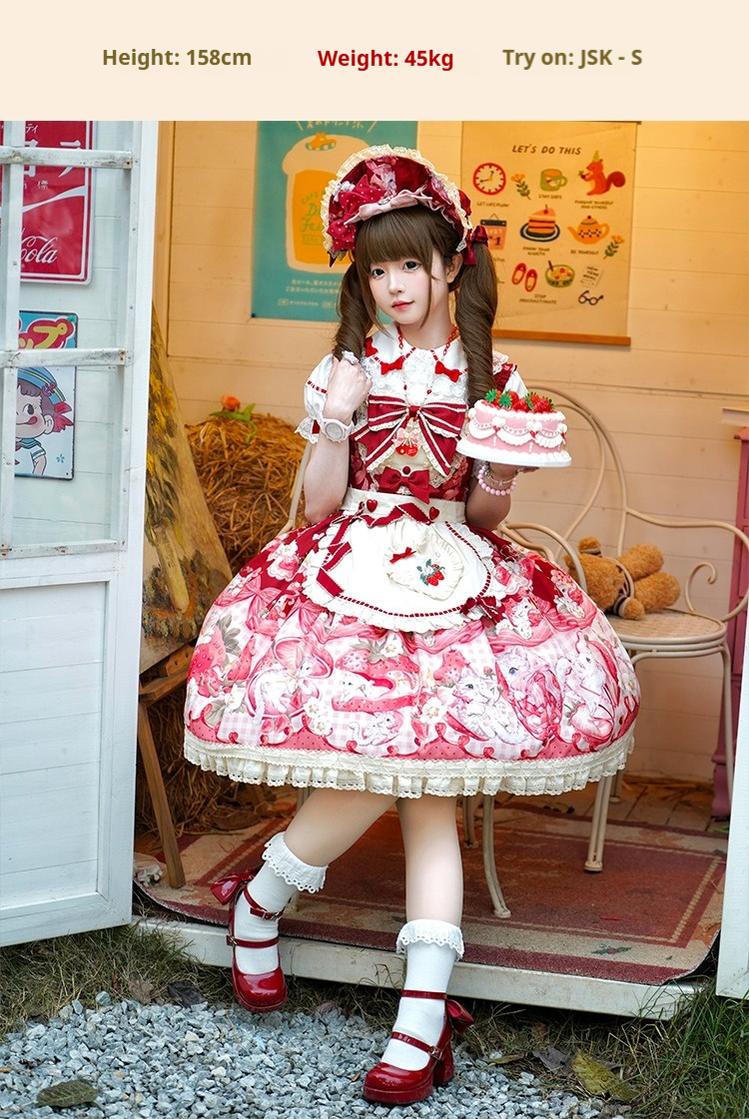 Mewroco~Strawberry Cat~Sweet Lolita Dress Suit JSK and Salopette with Cat Prints