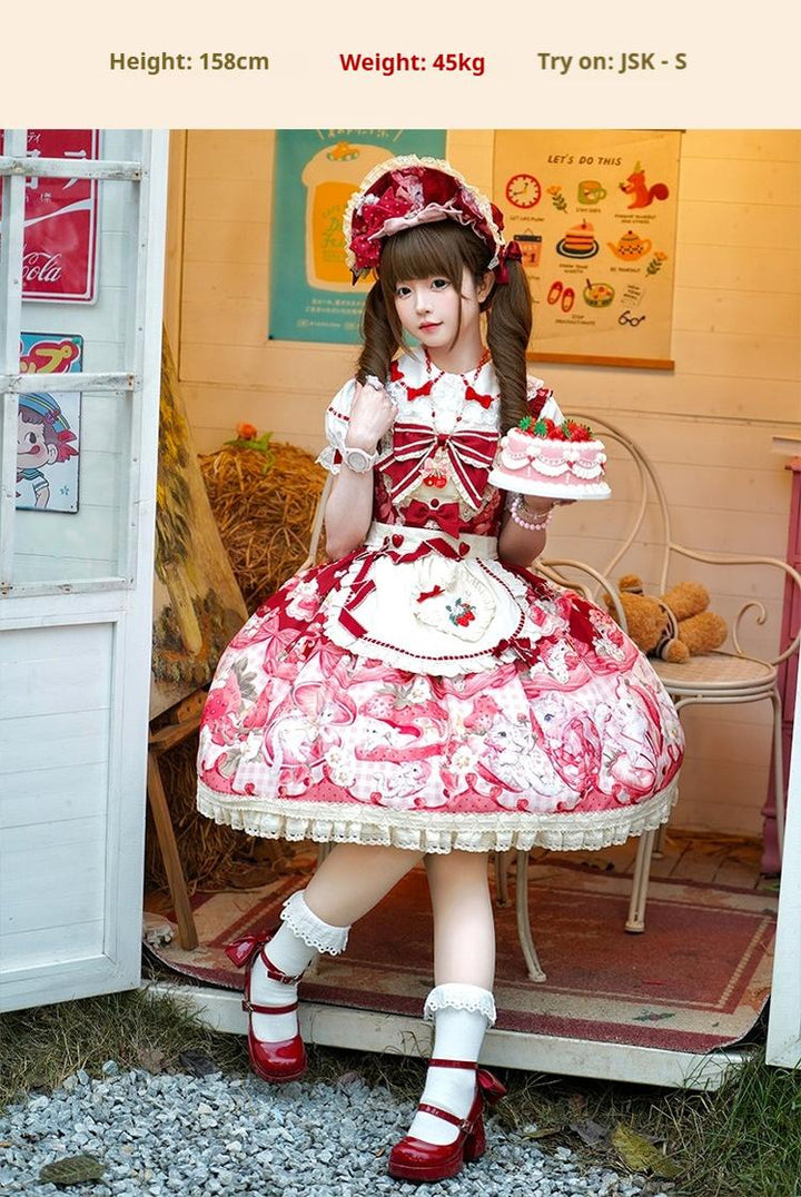 Mewroco~Strawberry Cat~Sweet Lolita Dress Suit JSK and Salopette with Cat Prints