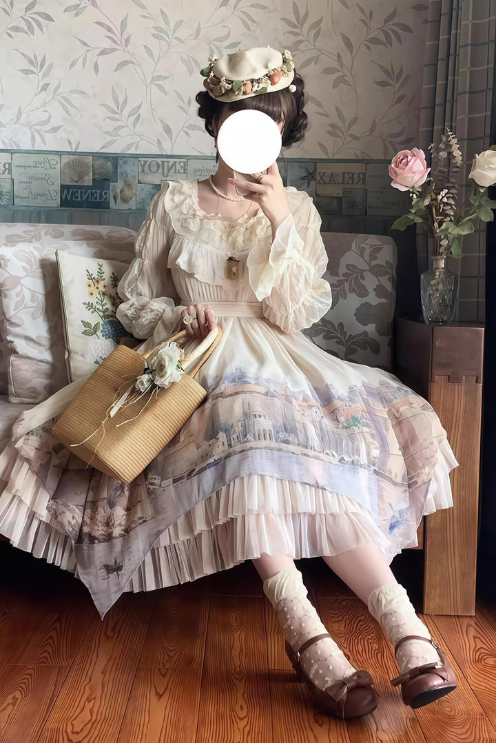 Forest Song - Adriatic - Classic Lolita JSK Chiffon Dress, Gulf City Print