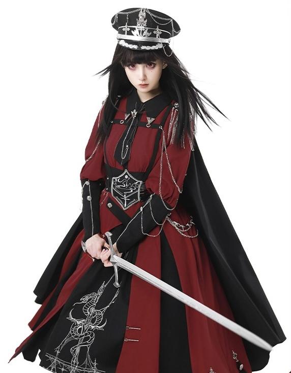 CHUNLV LOLITA~Crimson Knight~Military Lolita Dress Outfit Red OP Black Cloak Waistband