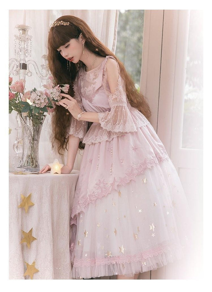 Nikki Tomorrow~Stars Descending~Pink Classic Lolita OP Mesh Embroidery Dress