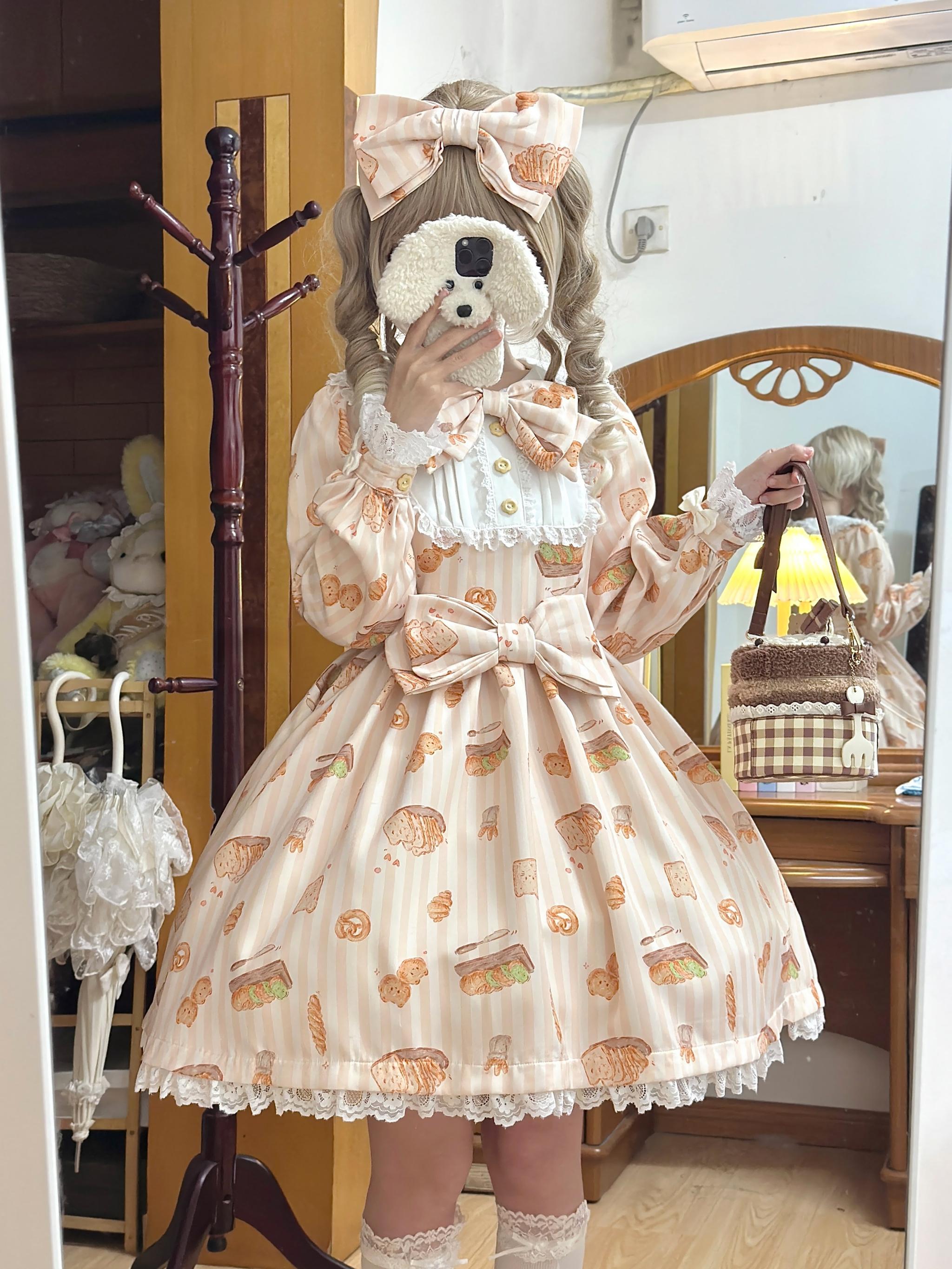Sweet Lolita OP Dress, Cat & Bread Print