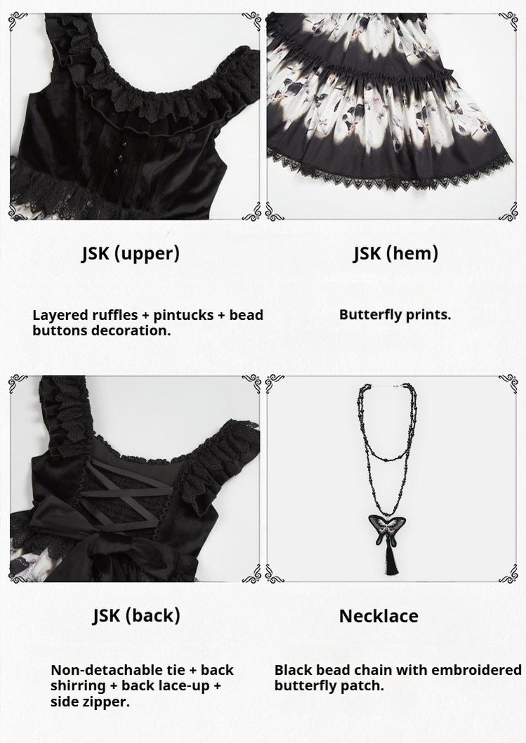 With PUJI - Dead Leaf Butterfly - Gothic Lolita JSK & OP Dress Set, Butterfly Print 44346:805421