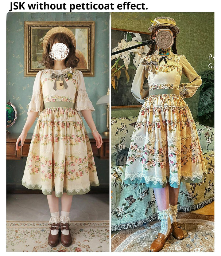 Surface Spell - Blooming Roses Over a Porch - Cotton Elegant Lolita JSK Dress, Floral Print
