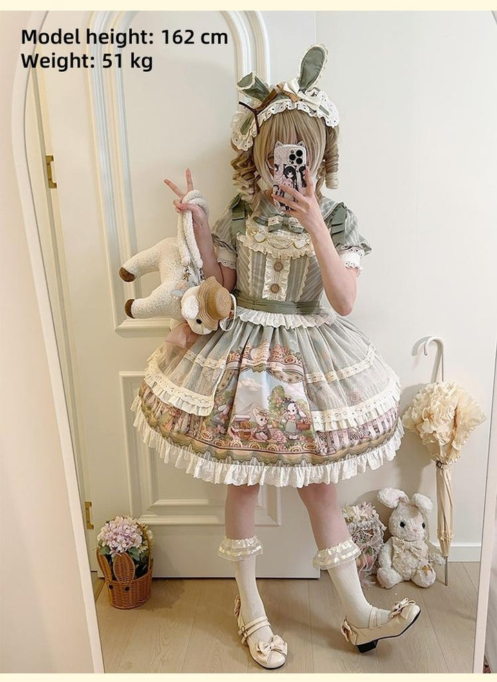 Honey Machine~Sunflower Rabbit~Kawaii Lolita OP Set with Bunny Prints and Hairband