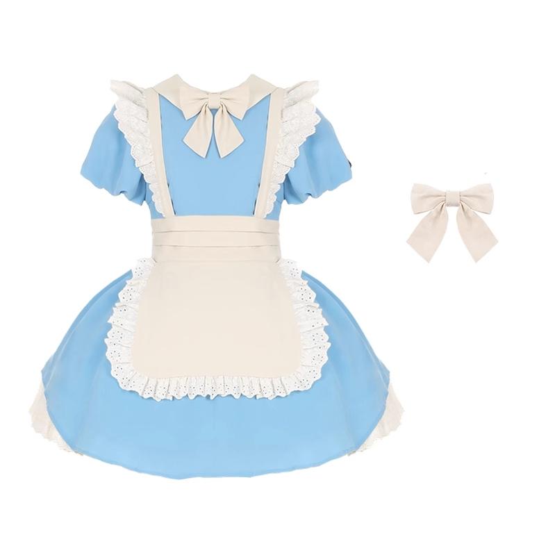 With PUJI~Kiss Kiss~Vintage Lolita OP Dress Maid Lolita Dress Blue short OP S 