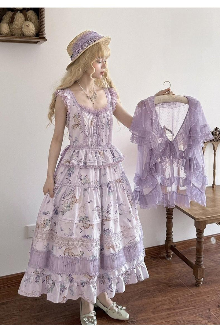 Urtto~Pea Squirrel~Country Lolita Purple JSK Dress with Tulle Cardigan