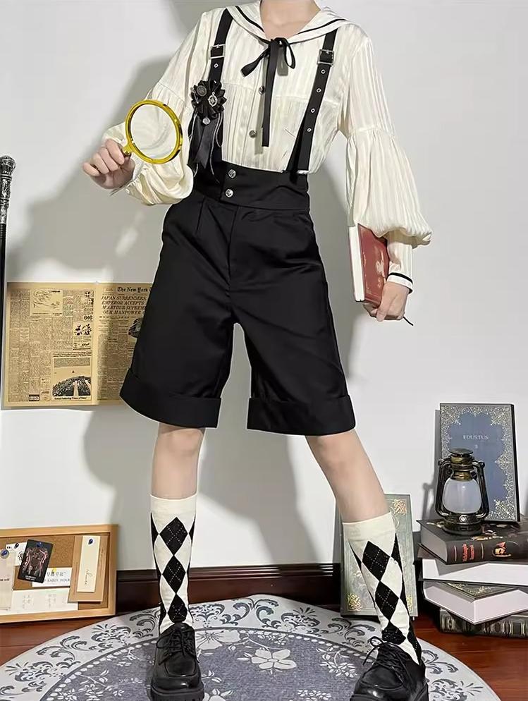 CastleToo - Street Whistle - Bishop Sleeve Ouji Lolita Sailor Blouse, Suspender Shorts A Pair of Cotton Argyle Calf Socks Only Free Size