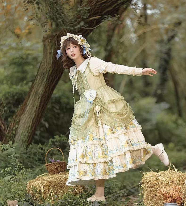 Flower Rabbit Bear - Country Lolita Tiered Skirt Dress, Floral & Bear Print