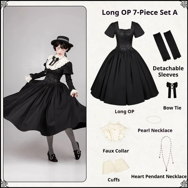 Old Covenant - Classic Lolita Jacquard OP Dress, Petal-Shaped Boned Waist Long OP 7-Piece Set A S