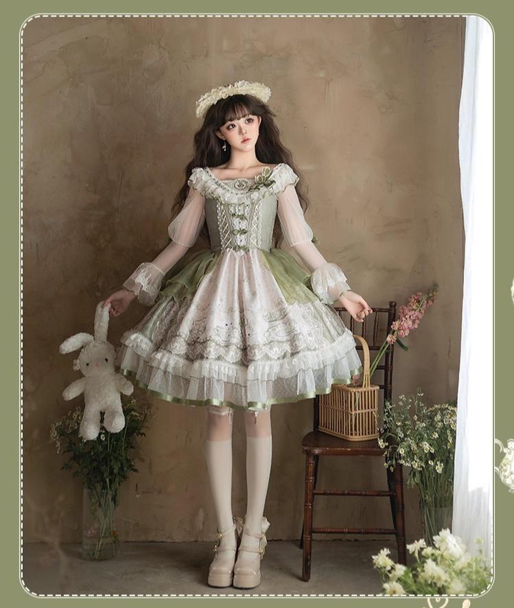 YingLuoFu - Teacup Bunny - Classic Lolita OP Dress, Fresh Green Floral Print 43263:783856