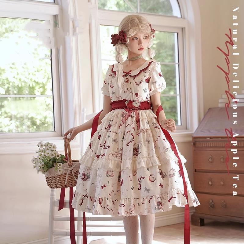Urtto~Apple Tea~Country Lolita OP Dress Apple Prints Dress for Spring and Summer   