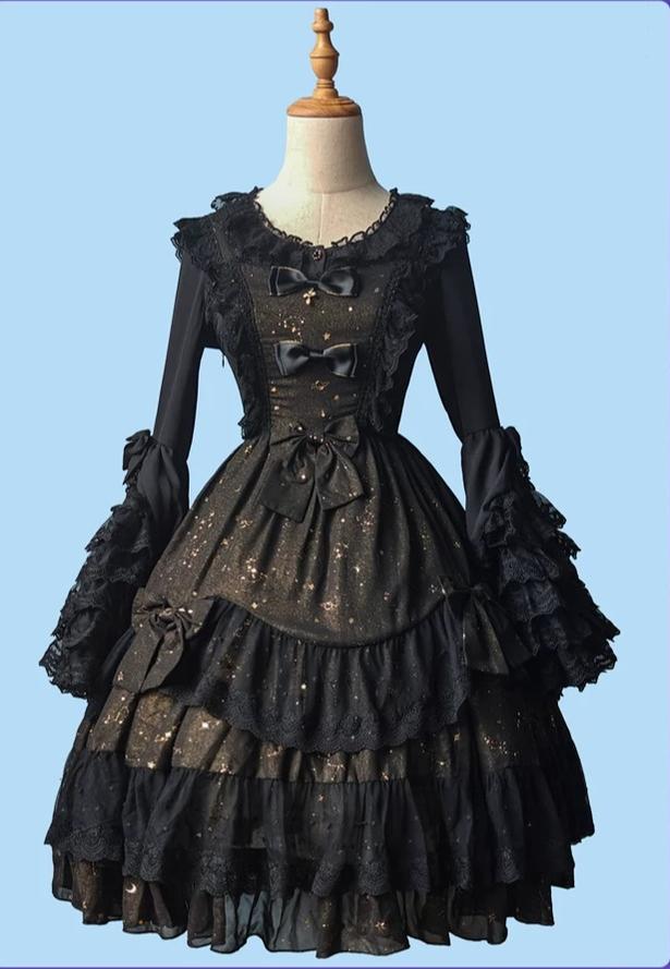 Star Wish - Classic Lolita JSK Dress, Gold Foil Constellation Chiffon 45954:869311