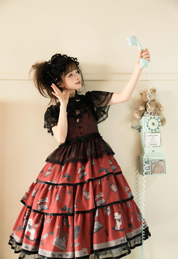 LittlePlum~Telephone Dog~Black Red Classic Lolita Dress Set with OP JSK and Skirt