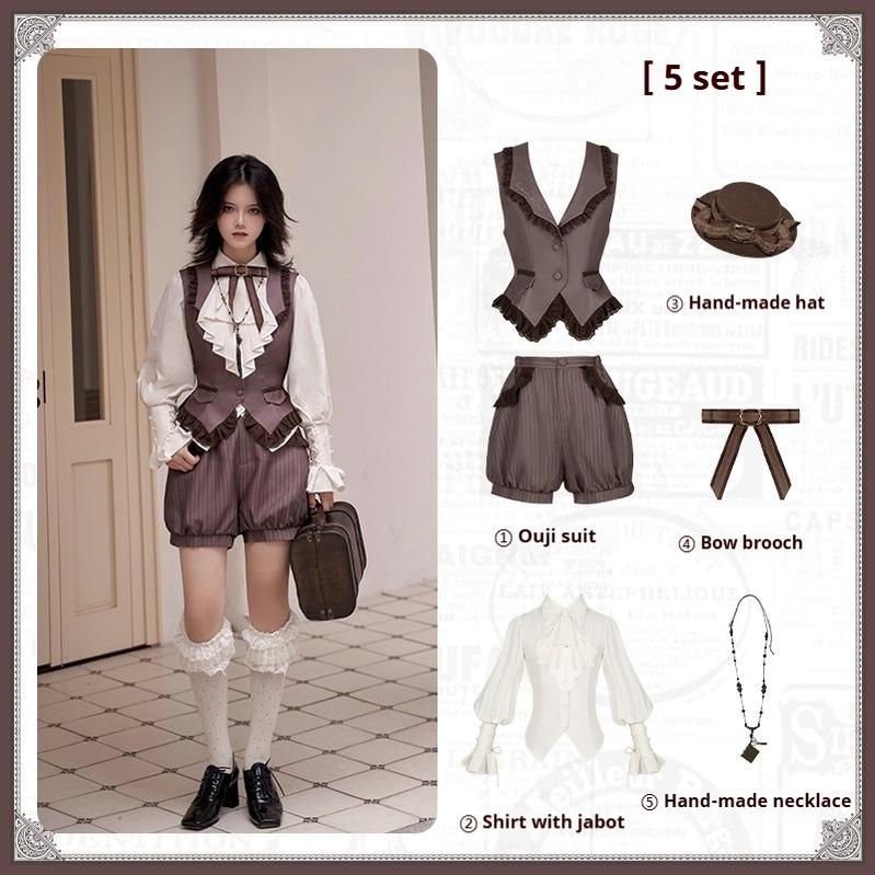 With PUJI~Ouji Lolita Shirt Bust-supporting JSK Dress S Ouji Suit 5-piece Set (Ouji suit+ Shirt+ Hat+ Brooch + Necklace) 