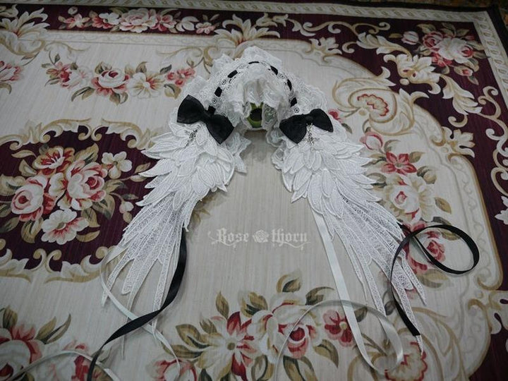 Rose Thorn~Angel Wings~Embroidered Crafted Headband Elegant Lolita Hair Accessories White + black  