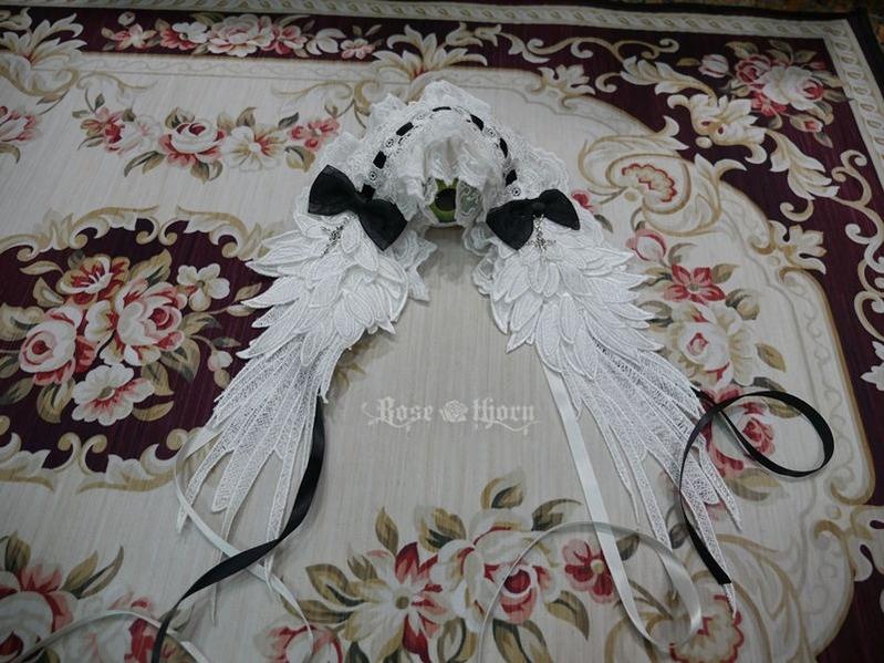 Rose Thorn - Angel Wings - Embroidered Crafted Headband Elegant Lolita Hair Accessories White + black