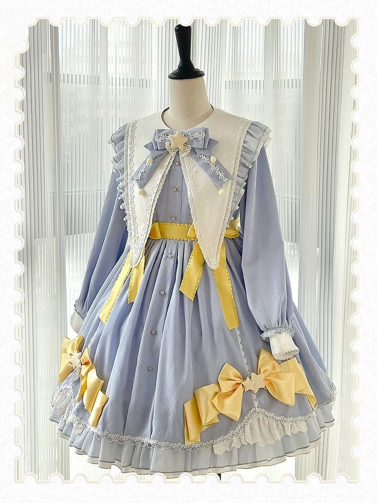 Forest Fluorescent Carps - Sleep Star - Sweet Lolita OP Dress, Long / Short Sleeve Blue Long-Sleeved Dress S