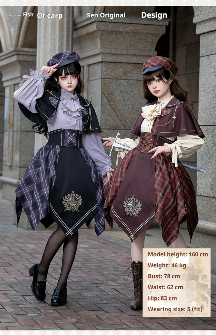 Forest Fluorescent Carps~Queen's Game~Military Lolita OP Plaid Ouji Lolita Dress Set