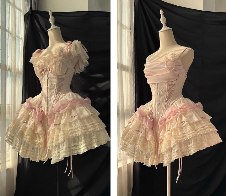 Caramel Antique~Feather Feast~Elegant Lolita Dress Ballet Dress Full Set Flying sleeve inner top XS Long waist version - ivory pink