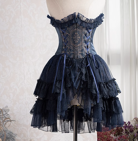 Neo Ludwig~Elegant Lolita Fishbone Corset Tail Dress 70 navy blue 
