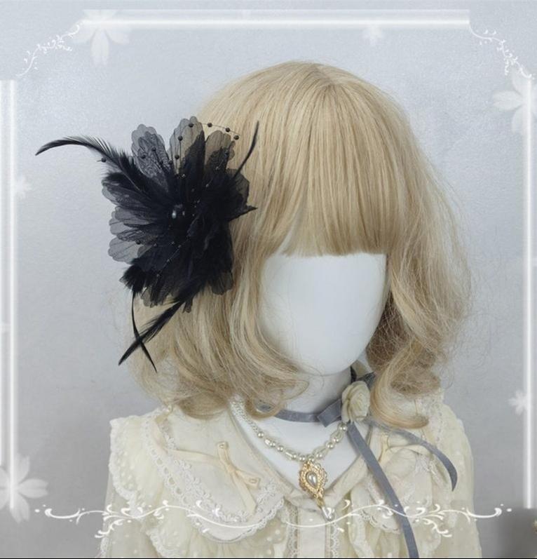 Floral Shaped Lolita KC, Pearls Accent Headdress One Size Black - 2-in-1 Hair Clip