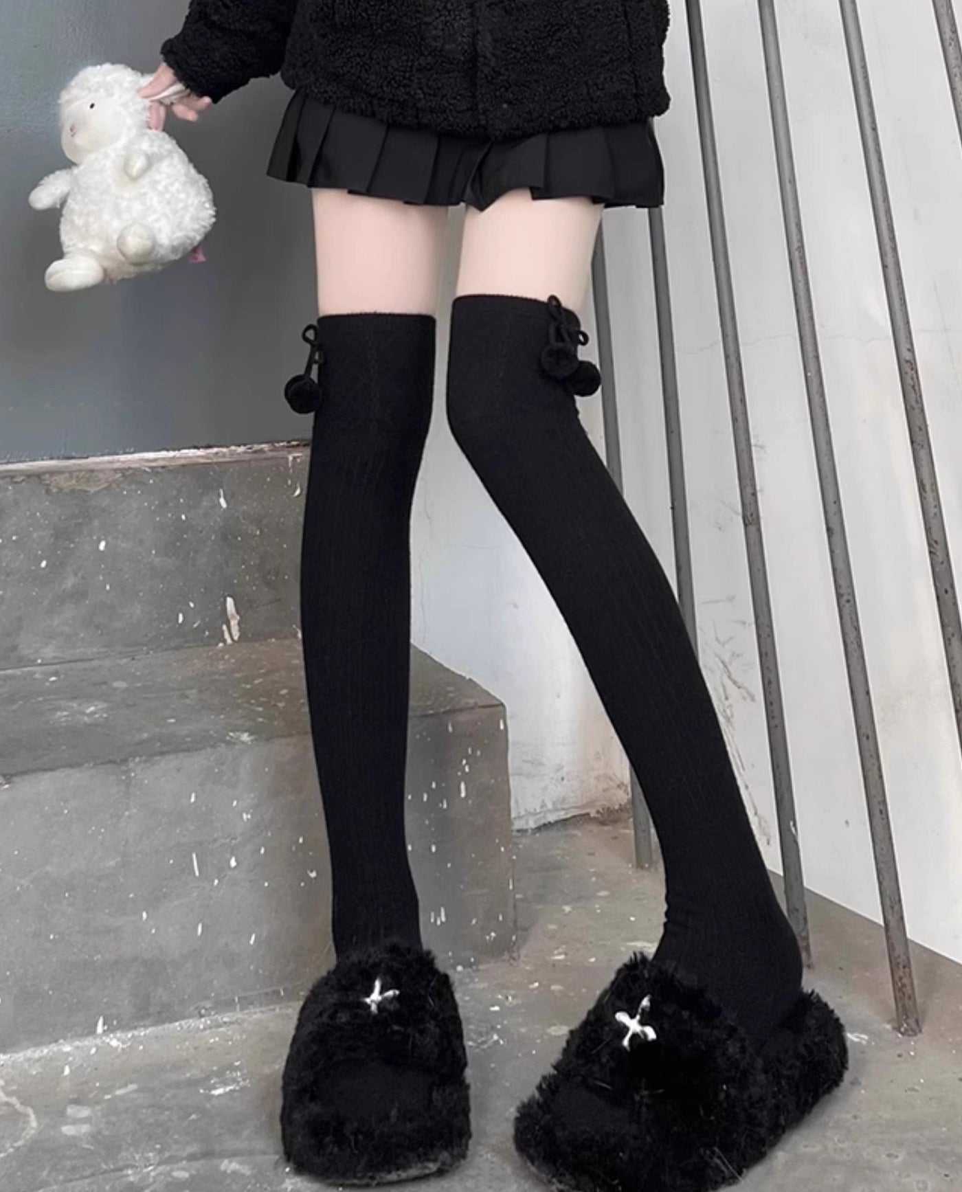 Hua Nai Cat~Sweet Lolita Stockings Thigh-High JK Socks Free size Black 