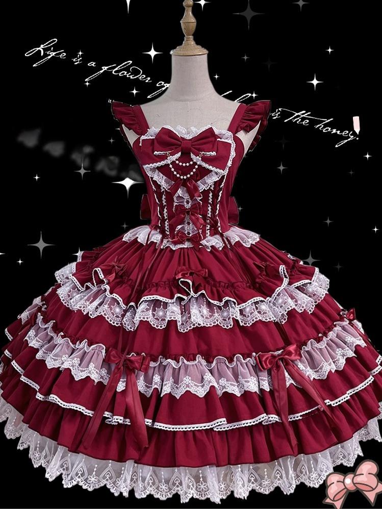 ZhiJinYuan - Love Notebook - Old School Lolita JSK Vintage Doll Tiered Dress Red S