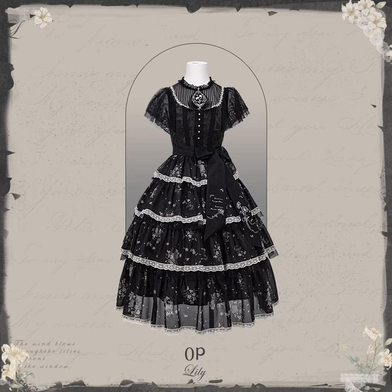 Mademoiselle Pearl~Lily Poetry~Lily Print Lolita Dress Collection XS Flying Sleeve OP (Black) 