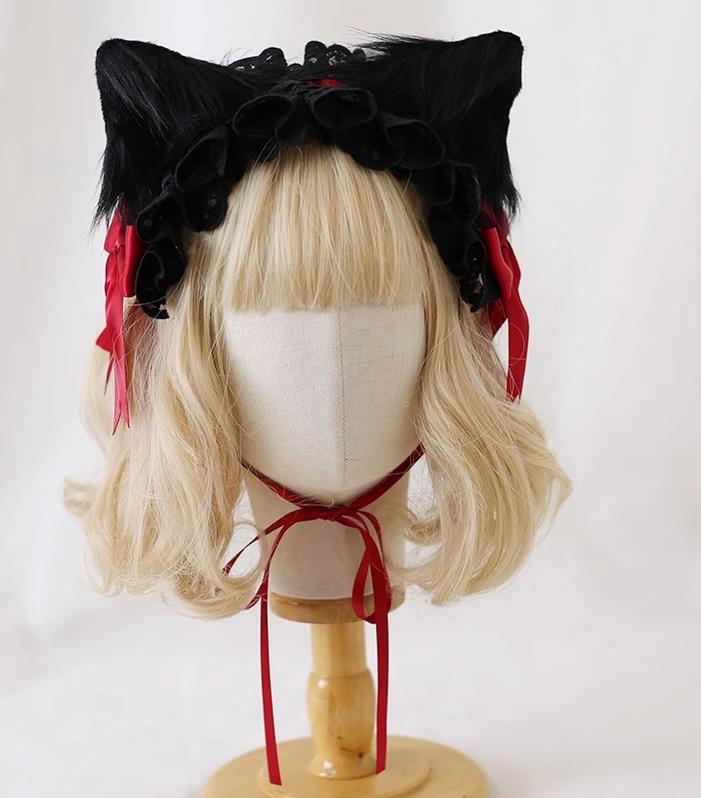 Xiaogui~Gothic Lolita Headband Cat Ear Hairpin Black cat ears + dark red headband  