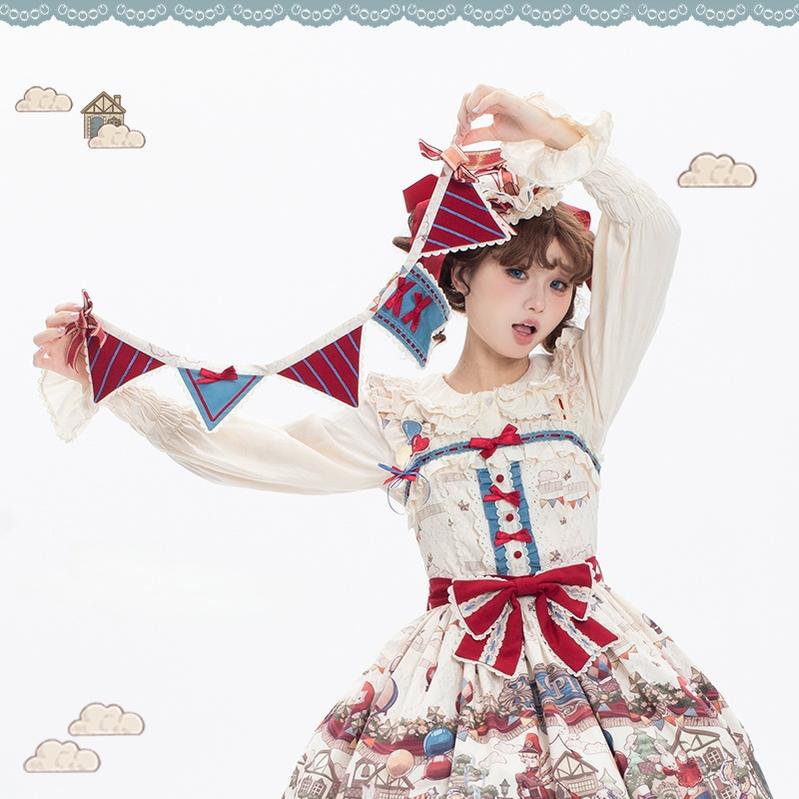 Urtto - Flower Street Parade - Kawaii Lolita JSK Dress, Circus Print Sash (one size / choose M) S