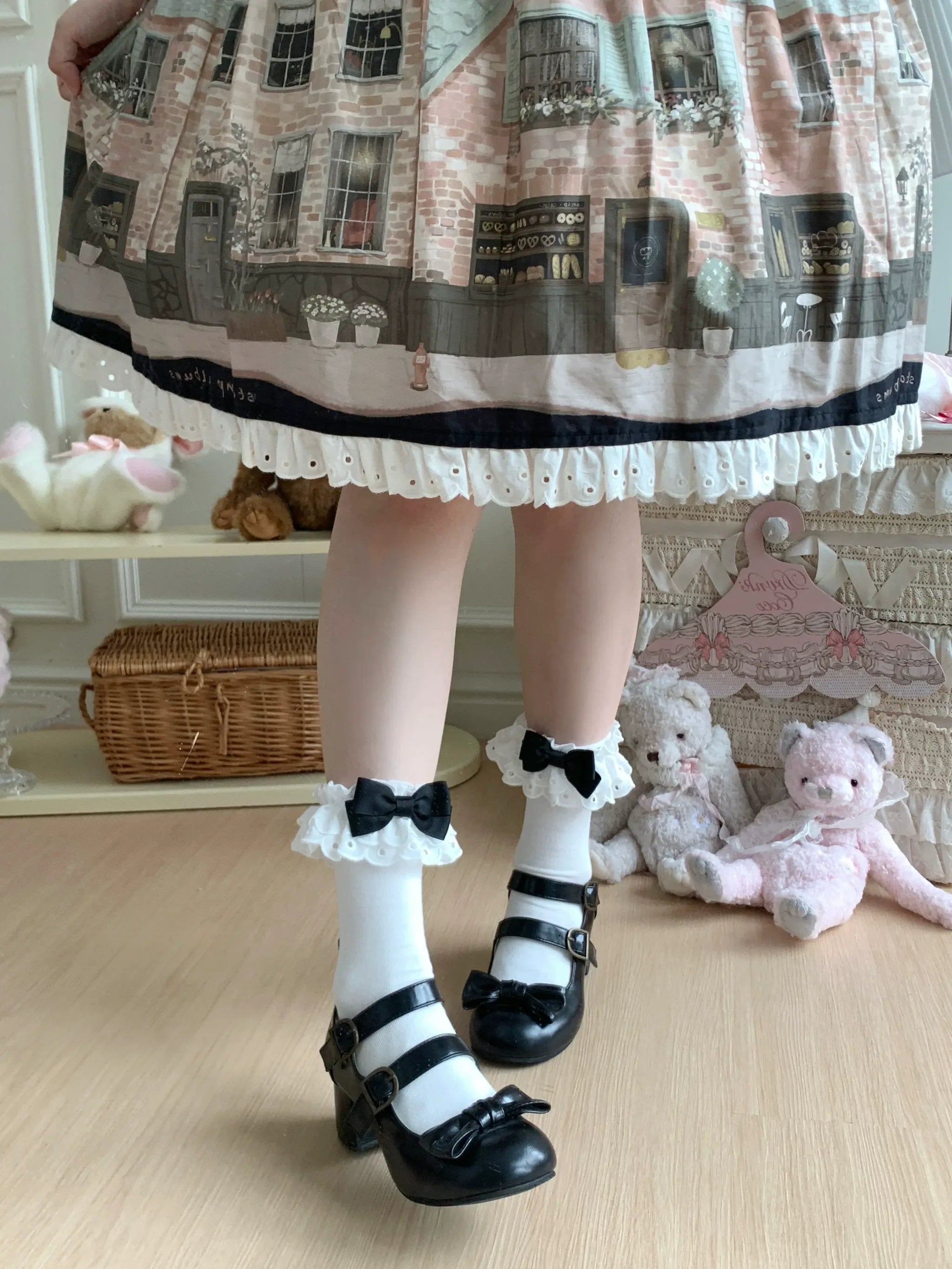 Cotton Classic Lolita Calf Socks, Double Layer Trim & Bow 45730:859943