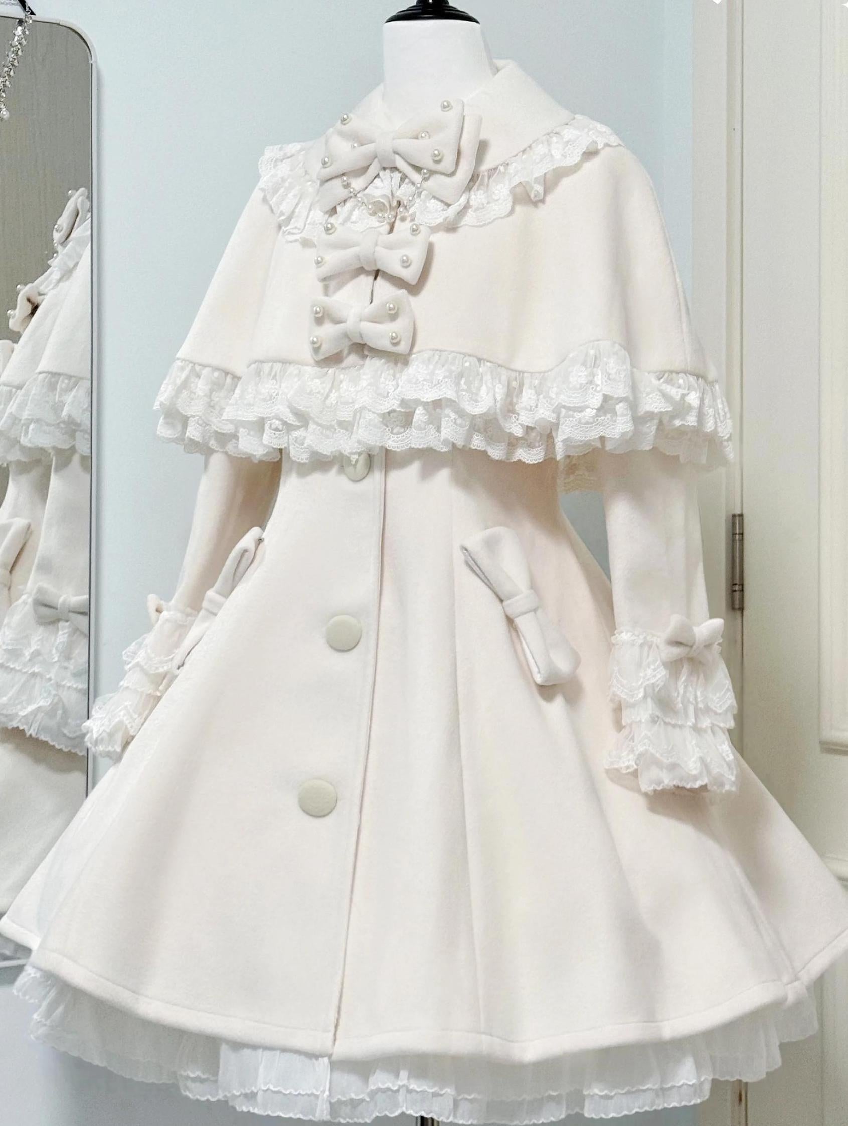 Lace Heart-Knot - Winter Sweet Lolita Lace Cape Coat, A-line Fit White Coat Only (regular) S
